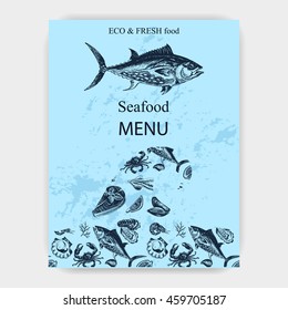 Vector illustration sketch - Sea collection. Seafood menu - squid, sea scallop, salmon, mussels, tuna, crab, shrimp, oyster.