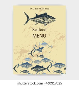 Vector illustration sketch - Sea collection. Seafood menu - squid, sea scallop, salmon, mussels, tuna, crab, shrimp, oyster.