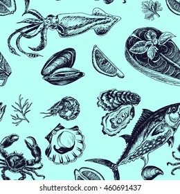 Vector illustration sketch - Sea collection. Seafood menu - squid, sea scallop, salmon, mussels, tuna, crab, shrimp, oyster.