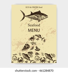 Vector illustration sketch - Sea collection. Seafood menu - squid, sea scallop, salmon, mussels, tuna, crab, shrimp, oyster.