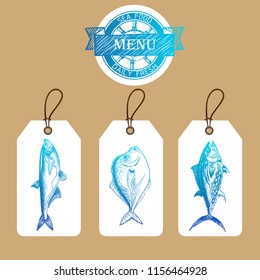 Vector illustration sketch sea food
Restaurant menu. Vector fish tags.