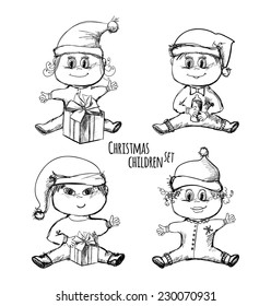 Vector illustration. Sketch. Set of children in Santa hat with gifts