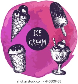 Vector illustration. Sketch set of ice cream on a watercolor background. Design elements for the menu. Four object . Ice cream in a waffle cup .