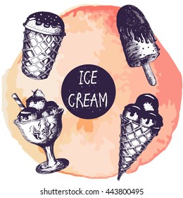 Vector illustration. Sketch set of ice cream on a watercolor background. Design elements for the menu. Four object . Ice cream in a waffle cup . Peach Colour.