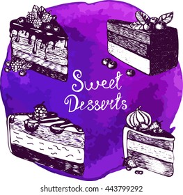 Vector illustration. Sketch set a piece of cake on a watercolor background. Four object. Elements for menu design. Purple.