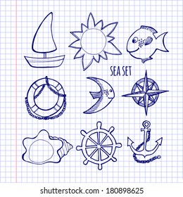 vector illustration. Sketch. Set of sea elements, drawing on notebook sheet