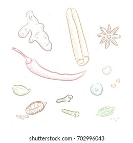 Vector illustration sketch set of spices for shop. Aroma spices poster with chilli pepper, ginger, cinnamon, anise, pepper, carnation, cardamom and sesame seed. Herbs for spice shop design