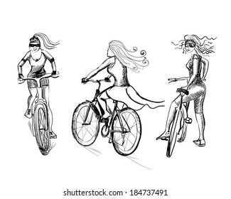 Vector illustration. Sketch. Set of three cyclists, isolated on white background
