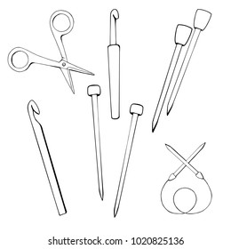 Vector illustration of sketch set tools for knitting: scissors, crochet hook, knitting needles. Useful for hand made shop, exhibition, master class, training and knit design project. 