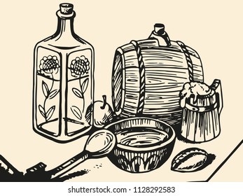 vector illustration sketch of a set of utensils for drinks, bottle. barrel. Cup. a bowl