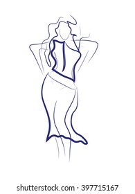 Vector illustration. Sketch of sexy young girl in a summer dress. Dancing movement. Fashion. Smooth lines. For printing, web design