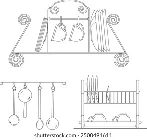 Boceto de Ilustración vectorial de diseño de silueta Detalle de accesorios colgantes para utensilios de cocina para cocina en la cocina