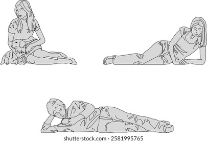 vector illustration of a sketch of a silhouette figure of a model in fashionable fashion taking a photo shoot in a lying position