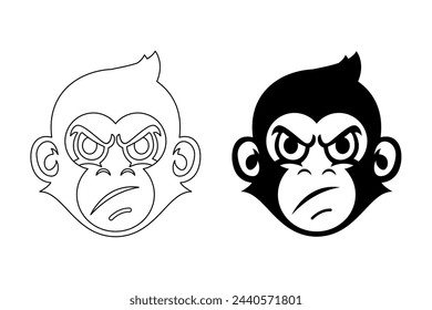 vector illustration sketch and silhouette of monkey head, isolated, black and white