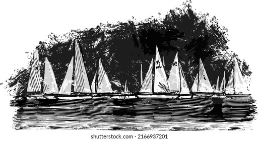 the vector illustration sketch of the silhouette yachts in the sea