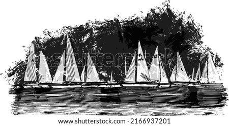 the vector illustration sketch of the silhouette yachts in the sea