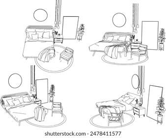 Vektorillustration-Skizze der schlichten modernen minimalistischen Schlafzimmer-Innenarchitektur