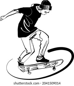 the vector illustration sketch of the skateboarder doing trick on the skateboard
