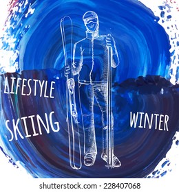 vector illustration. Sketch of the skier on background palette knife  stains