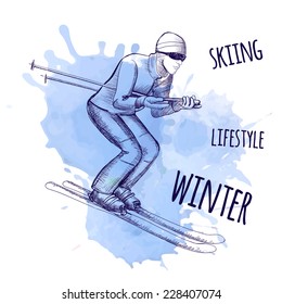 Vector illustration. Sketch of the skier on the background of watercolor stains