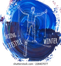 vector illustration. Sketch of the skier on background palette knife  stains