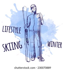 Vector illustration. Sketch of the skier on the background of watercolor stains