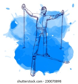Vector illustration. Sketch of the skier on the background of watercolor stains