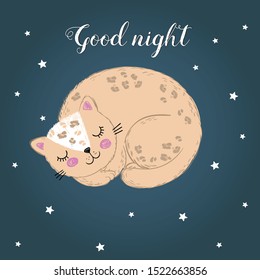 Vector illustration of sketch sleeping patterned cat with lettering good night isolated on dark gradient background with stars, cute cartoon card drawn with a tablet