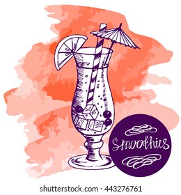 Vector illustration. Sketch smoothie drink on watercolor background. Juice. healthy lifestyle. Design for the menu. Orange cocktail .
