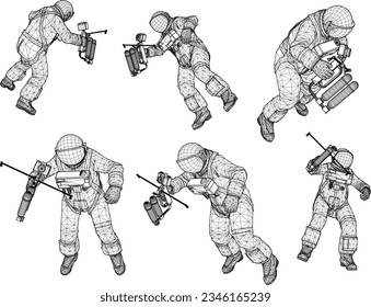 Vektorgrafik-Skizze des Raumstation-Satelliten-Astronautendesigns, die von der Schwerkraft beeinflusst wird