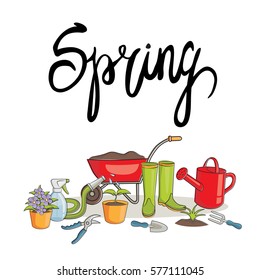 Vector illustration of a sketch spring with garden equipment