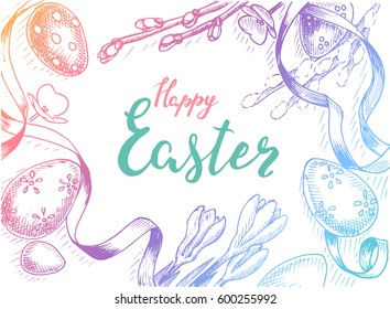Vector illustration sketch spring. Vintag card happy Easter with eggs and flowers. 