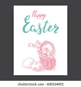 Vector illustration sketch spring. Vintag card happy Easter with eggs and flowers. 