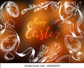 Vector illustration sketch spring. Vintage card happy Easter with eggs and flowers. 