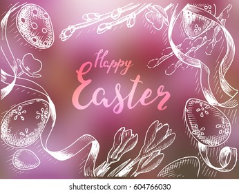 Vector illustration sketch spring. Vintage card happy Easter with eggs and flowers. 
