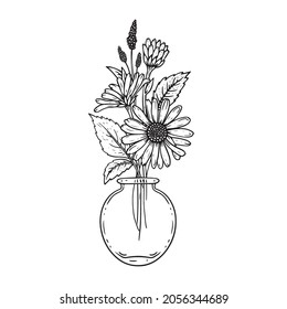 Vector illustration in sketch style with a bouquet of daisies in a bottle.