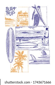 Vector illustration in sketch style of elements depicting a surf trip.