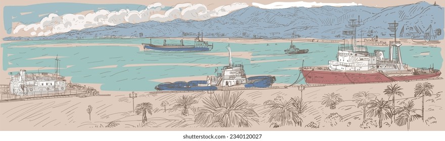 Vector illustration in sketch style. Georgia city of Batumi port, embankment. On the pier there are boats and longboats, patrol boats and fishing boats. In the distance are the mountains of Adjara.