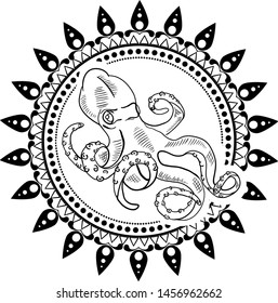 Vector illustration. Sketch style. Line art. Octopus and mandala ornament. Hand drawn. Great for greeting card, tattoo, print, posters.