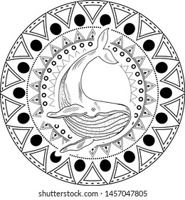 Vector illustration. Sketch style. Line art. Whale and mandala ornament. Hand drawn. Great for greeting card, tattoo, print, posters.