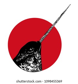 Vector illustration in sketch style. Narwhal head showing up in red circle. Good for stickers, tattoo design, prints on t-shirts, fabric bags, sweatshirts, rucksacks.