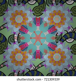Vector illustration. In sketch style neutral, green and blue colors. Seamless floral pattern with cute doodles flowers. Collection of hand drawn flowers and plants. Vector illustration.
