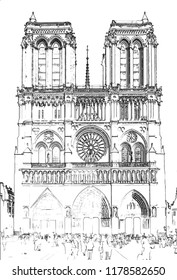 Vector Illustration, in sketch style, of Notre Dame de Paris - Paris, France