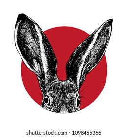 Vector illustration in sketch style. Rabbit head with big ears showing up in red circle. Good for stickers, tattoo design, prints on t-shirts, fabric bags, sweatshirts, rucksacks.
