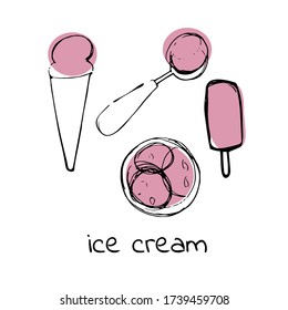 Vector illustration in sketch style  set of fruit ice cream isolated on white background