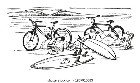 Vector illustration in sketch style, stripped, of imaginary beach scene with bicycles, surfboards and clothing elements. Drawing in cartoon style.
