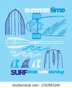 Vector illustration in sketch style of surfboard, paddle and skate with reference to summer sports.