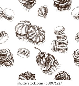 Vector illustration sketch sweets.
Pattern profiterole, cupcake, marshmallow, meringue, macaron