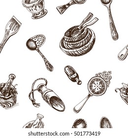 Vector illustration sketch - tableware
Pattern dinnerware, wooden kitchenware
table setting, wooden spoon for spices