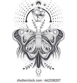 Vector illustration of a sketch, tattoo art butterfly in abstract style with a space pattern, mystical, astrological symbol. Print, template, design element